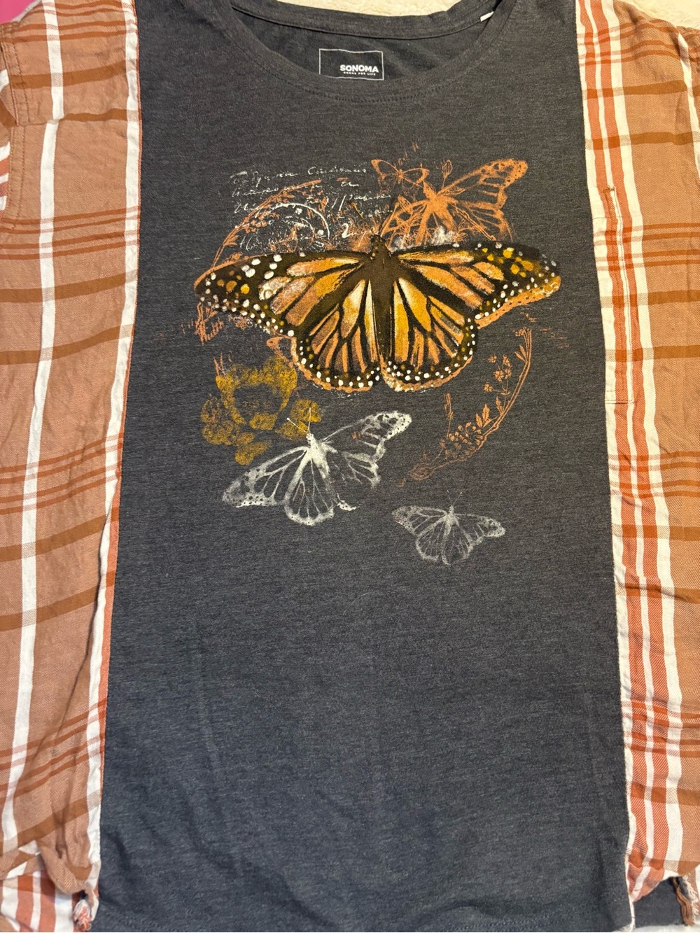 Sonoma Top Medium Charcoal Gray Orange Monarch Butterfly Long Plaid Sleeves Soft - Picture 11 of 16